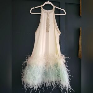 New Mac Duggal 11437 White Rhinestone Feather Trim Halter Neck Mini A-line Dress